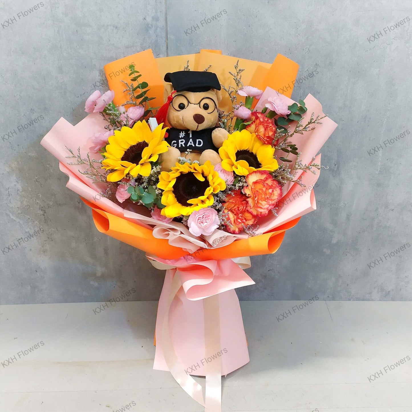 3 sunflowers graduation bear orange and pink bouquet singapore free delivery