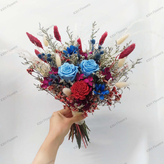 blue and maroon preserved and dried flower bridal bouquet singapore free delivery