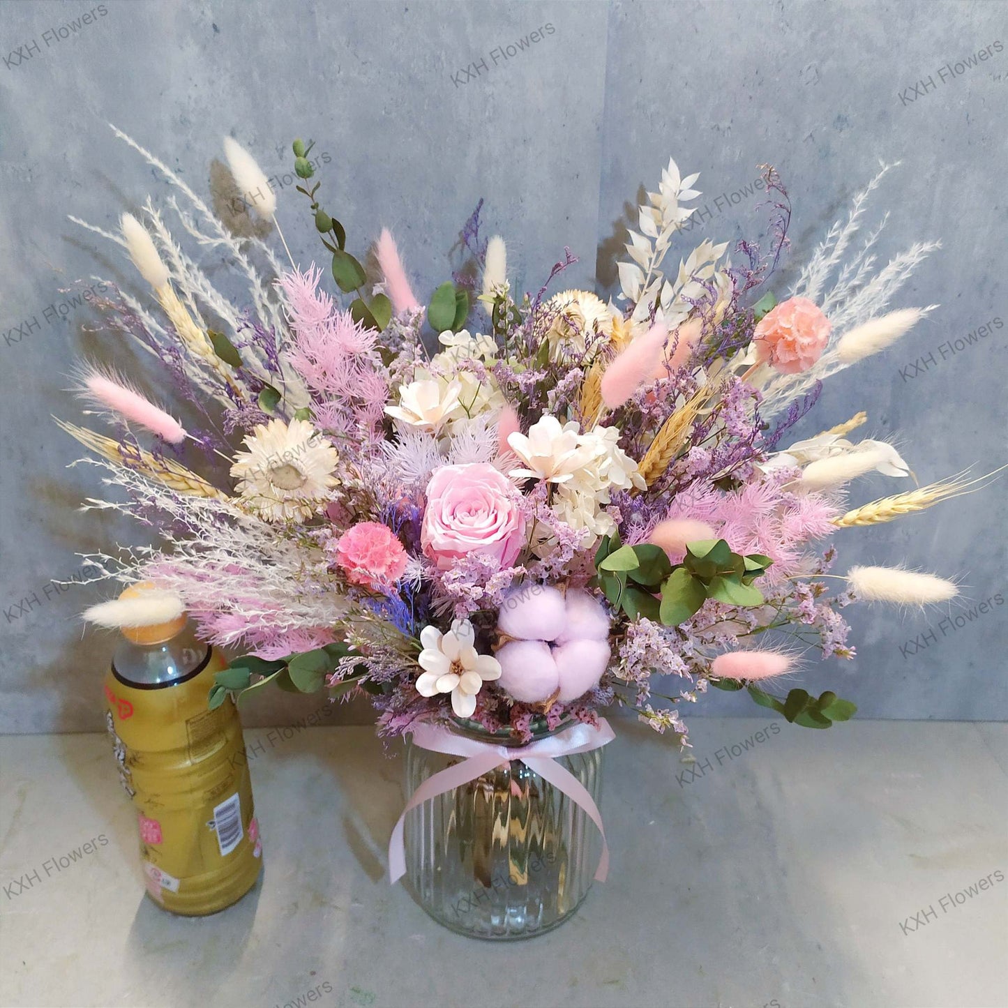 Pink preserved flowers in vase singapore florist delivery