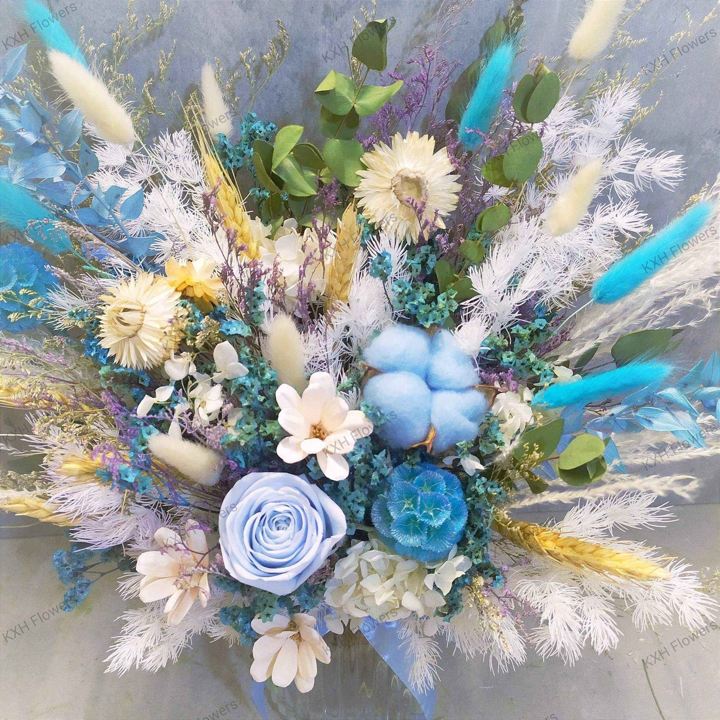 blue preserved rose floral arrangement singapore free delivery