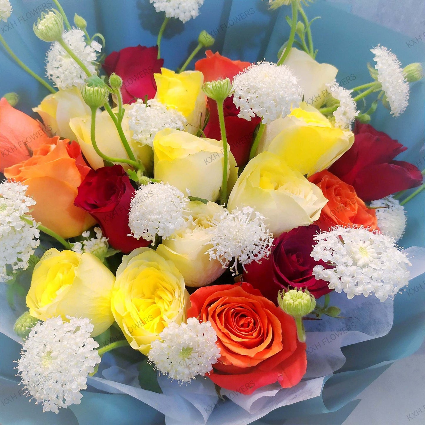 red yellow and orange roses bouquet sg delivery