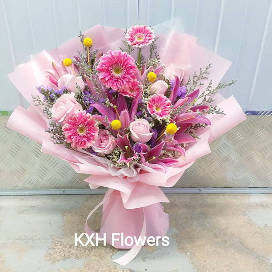 mixed pink flowers bouquet lilies roses gerberas singapore florist delivery