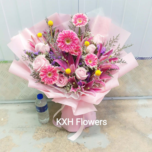 double petal pink gerberas and lilies roses bouquet with free singapore delivery