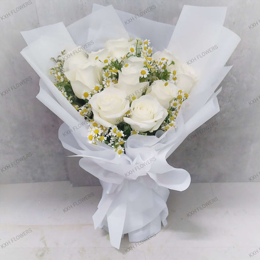 white roses and chamomile daisies singapore flower delivery