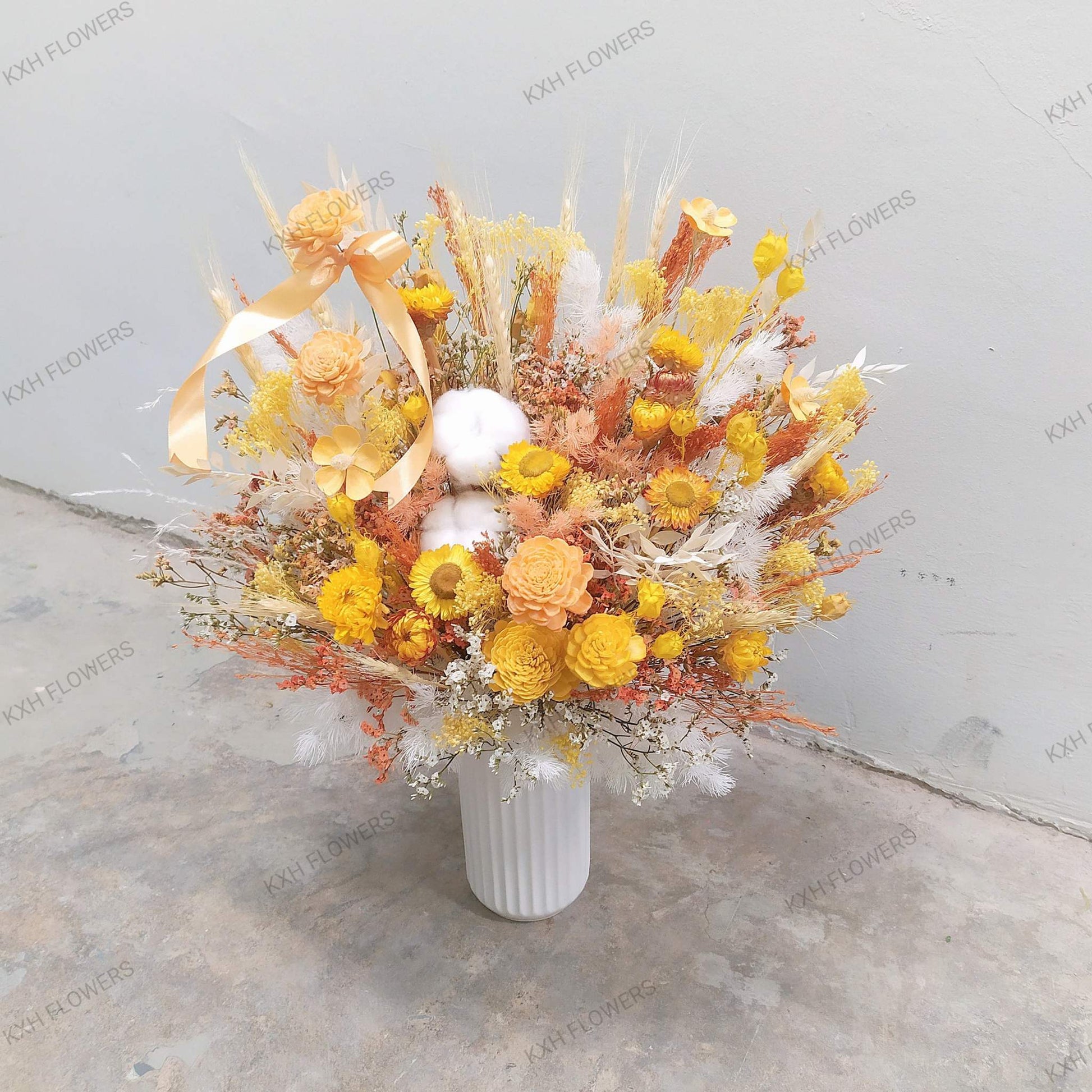 Yellow and orange preserved floral arrangement sg online florist free delivery