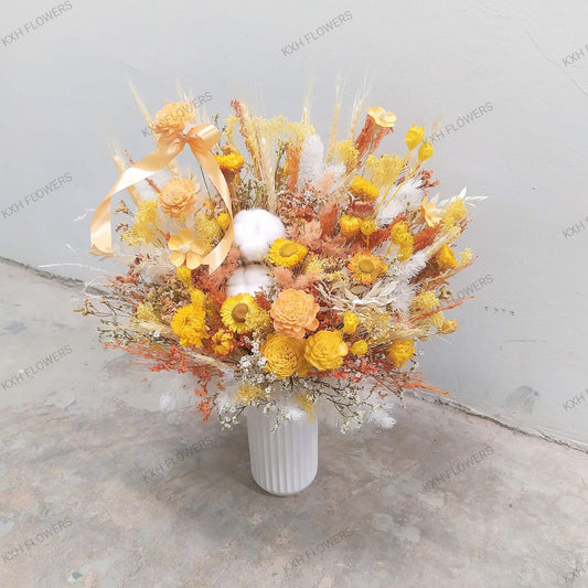 Yellow and orange preserved floral arrangement sg online florist free delivery