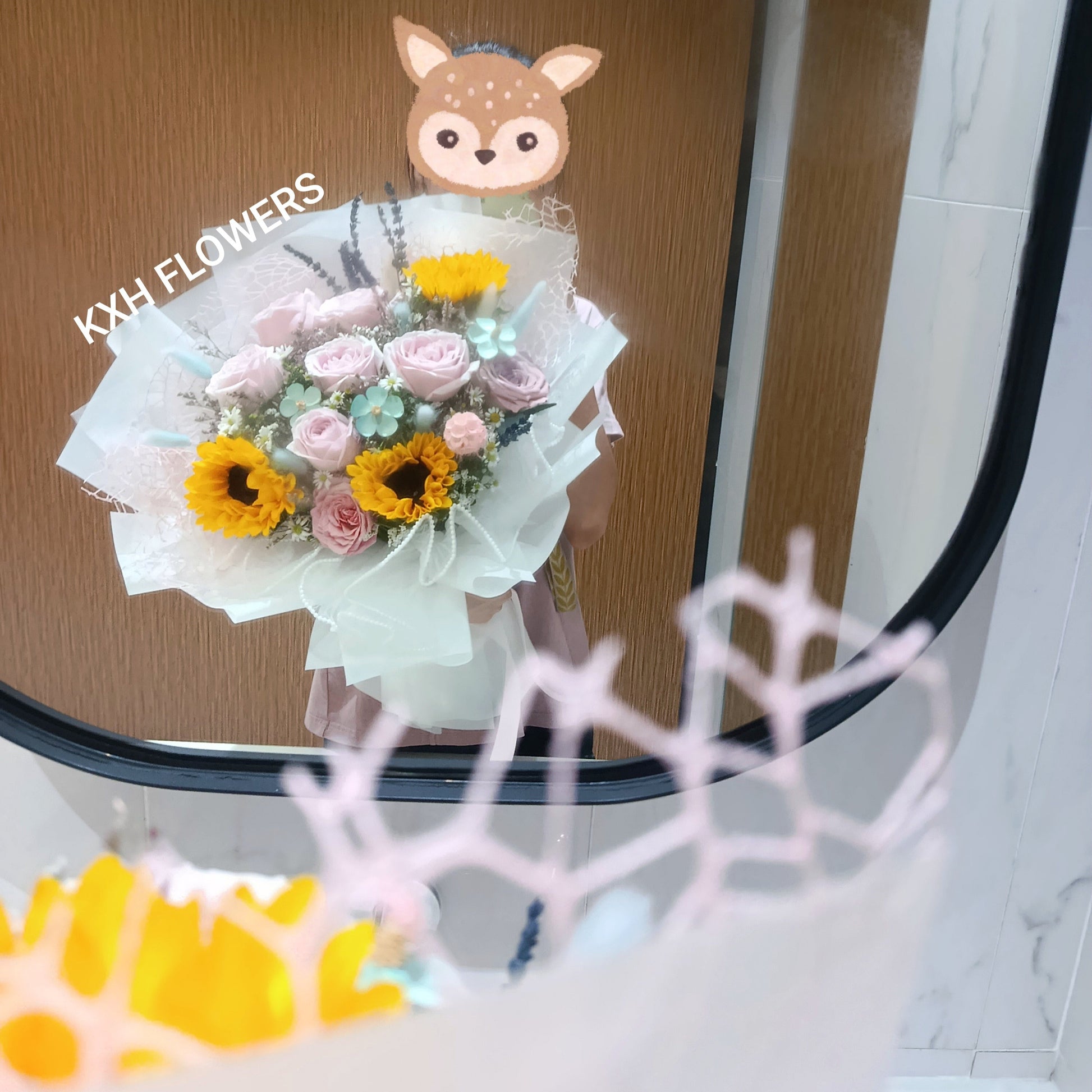 sunflowers and roses pastel pink blue and yellow flower bouquet free sg delivery singapore florist