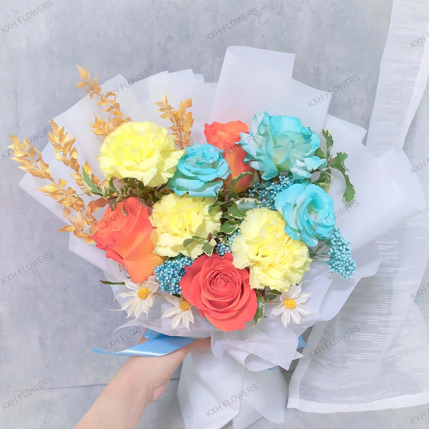 orange blue and yellow bouquet singapore florist online delivery