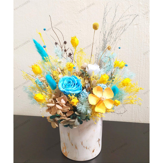 blue and yellow preserved flowers vase singapore florist free delivery