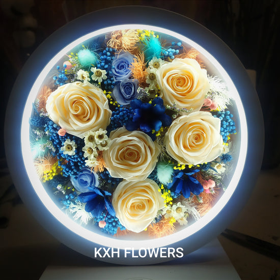 Blue and champagne preserved flower LED box