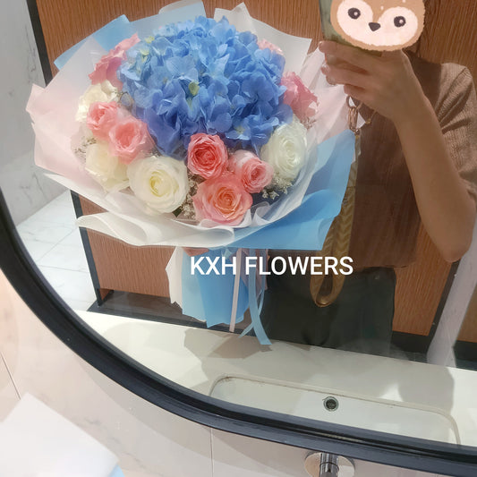 light blue hydrangea and diana pink roses sg florist delivery