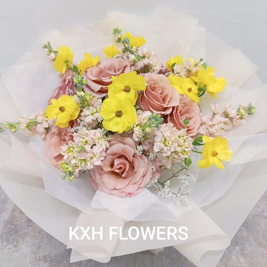 Honey brown roses with yellow butterfly ranunculus kallang florist free singapore delivery