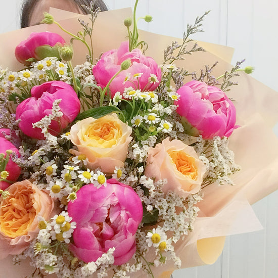 6 coral peonies with peach garden roses mother's day customized bouquet singapore