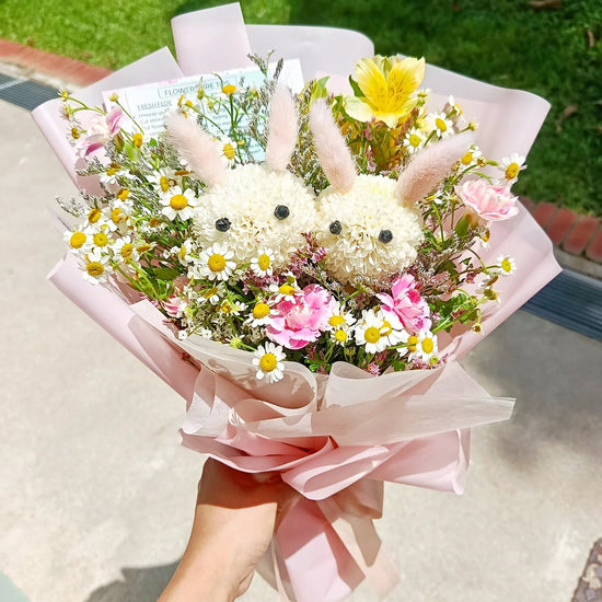 2 pink bunnies florist pick flower bouquet for birthday sg online flower delivery