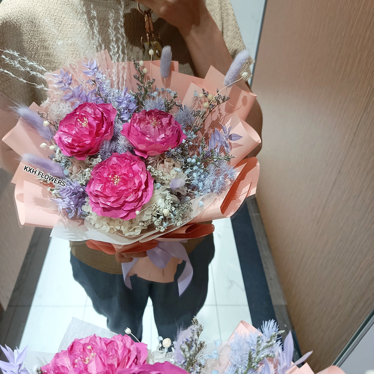 3 preserved peonies with light purple fillers bouquet singapore