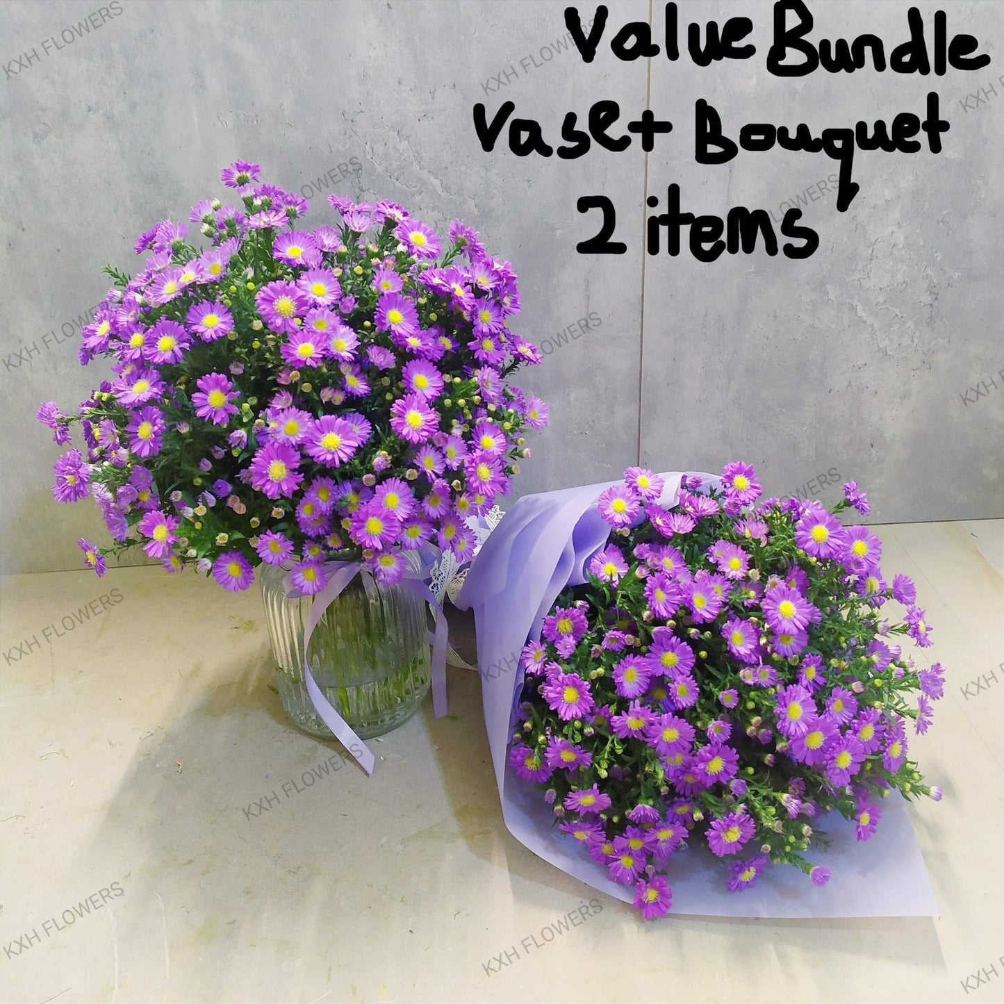 purple daisies vase and bouquet bundle set