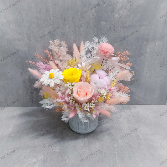 pink and yellow bright and sweet preserved floral arrangement singapore free delivery