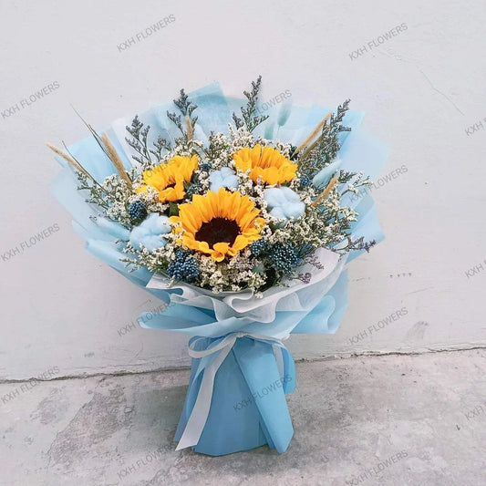 3 sunflowers blue fillers for gentleman sg florist free delivery