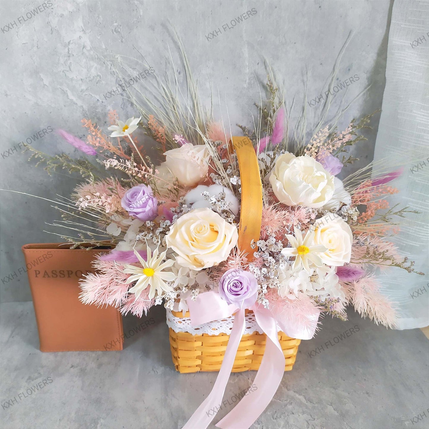 Preserved peach roses flower basket singapore online florist delivery