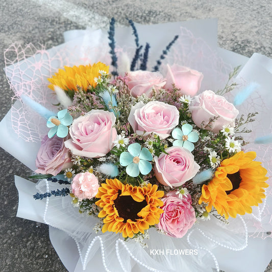 fresh flower bouquet of sunflowers and pink roses sg florist delivery