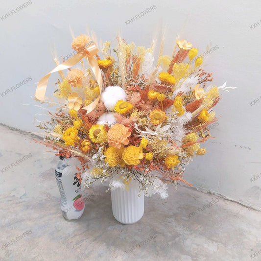 yellow and orange sola flowers dried flowers preserved flowers white ceramic vase flower arrangement kallang florist