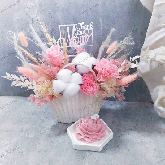 Preserved carnations floral bag scented peony candle and ceramic coaster set singapore florist free delivery