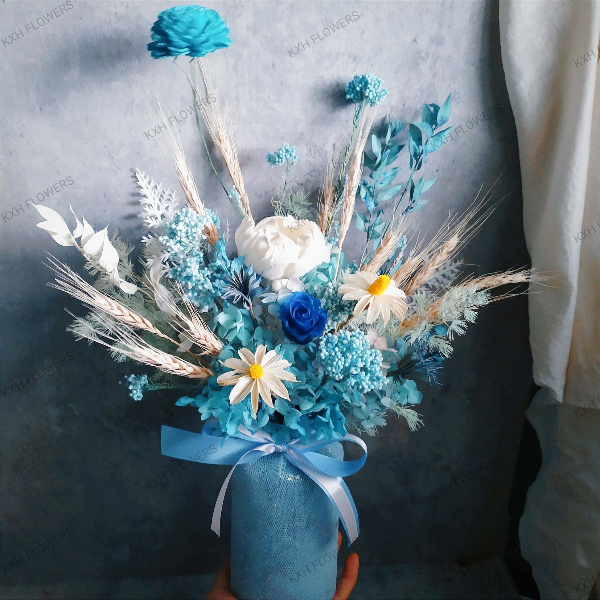 blue preserved flowers with sola wood peony singapore florist free delivery