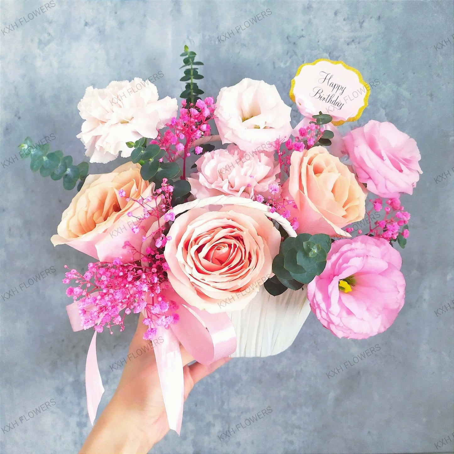 birthday floral arrangement in peach pink sg florist free delivery