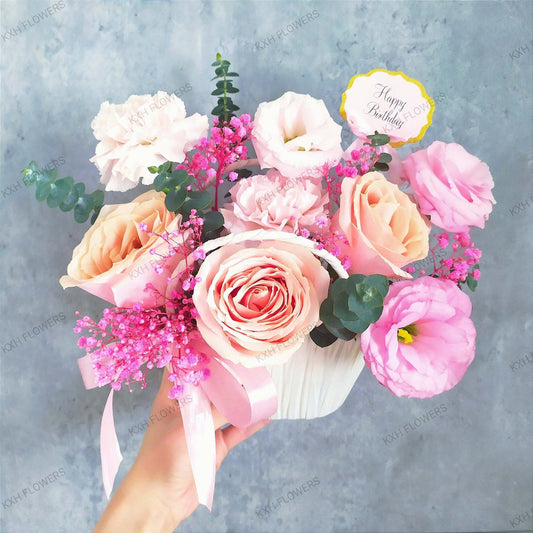 birthday floral arrangement in peach pink sg florist free delivery