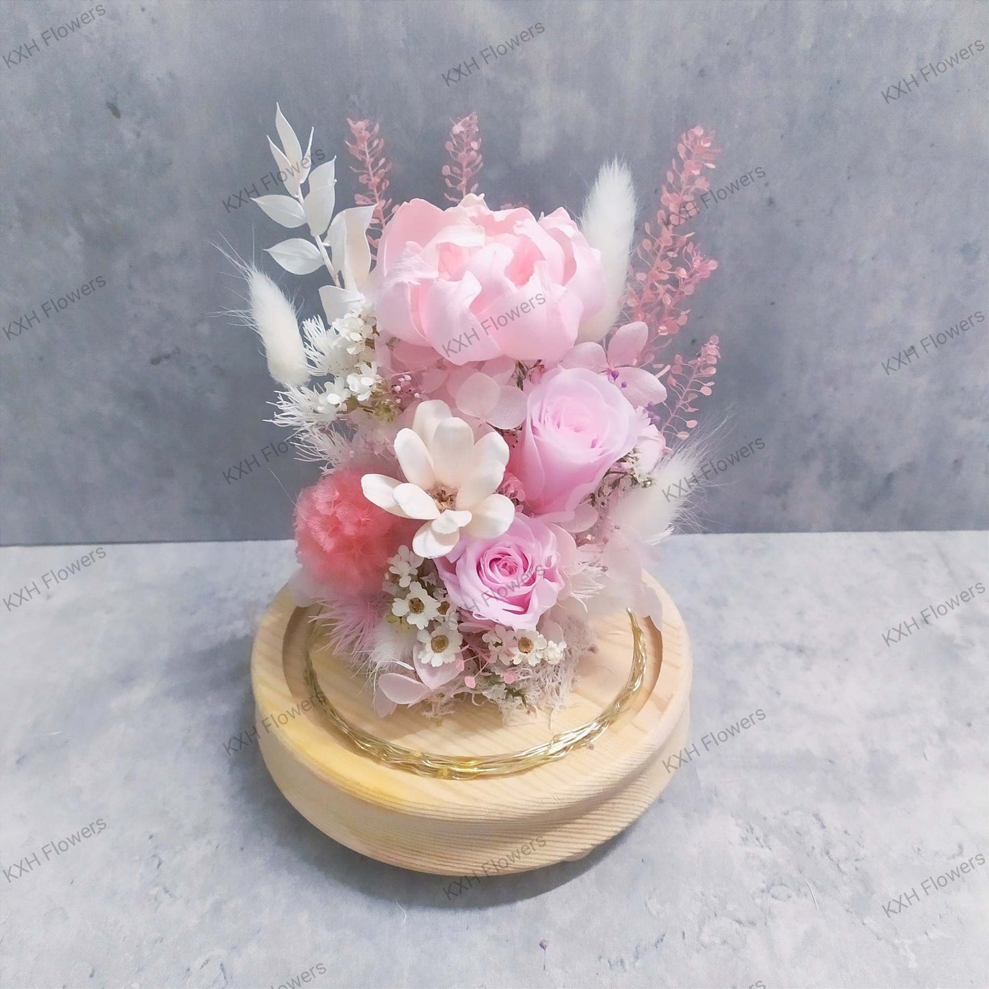 pink sola wood peony glass dome arrangement singapore free delivery