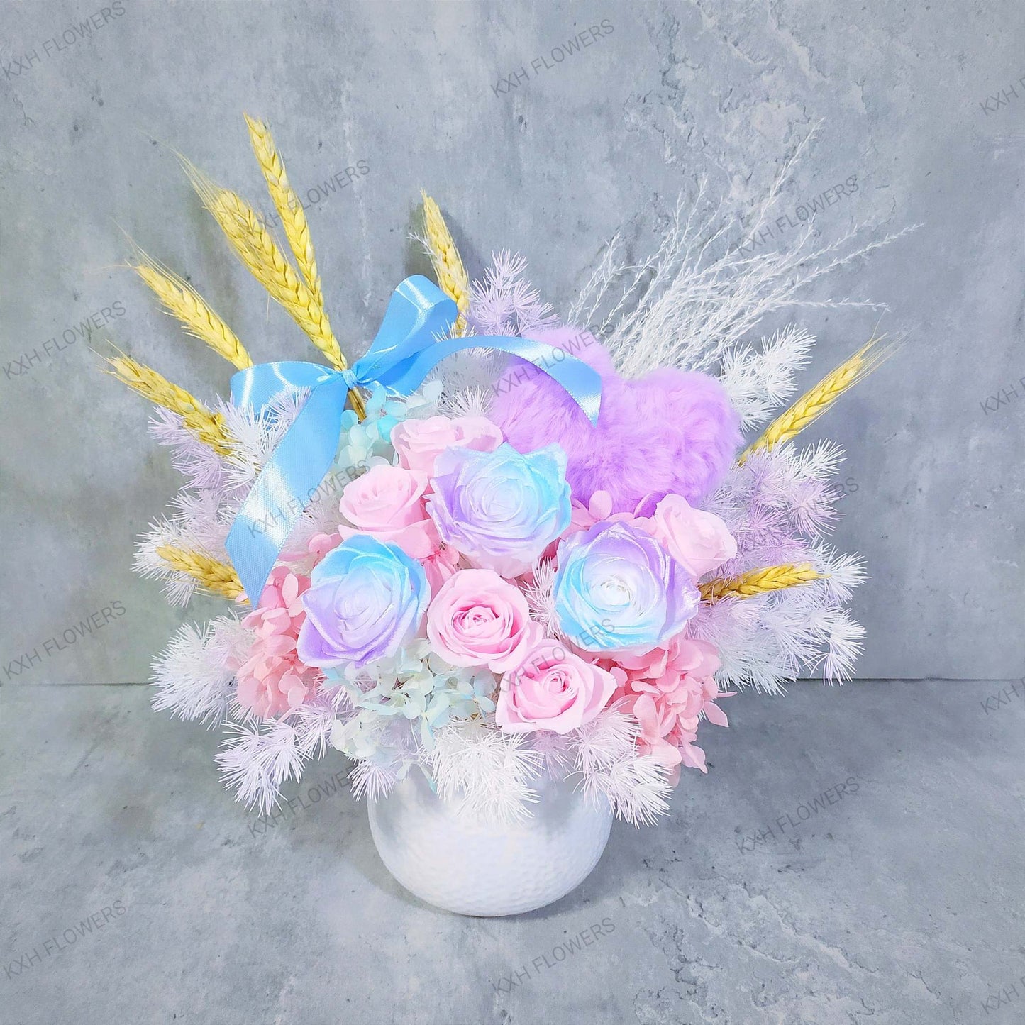 Preserved roses floral arrangement purple pink and blue flowers singapore florist with free delivery
