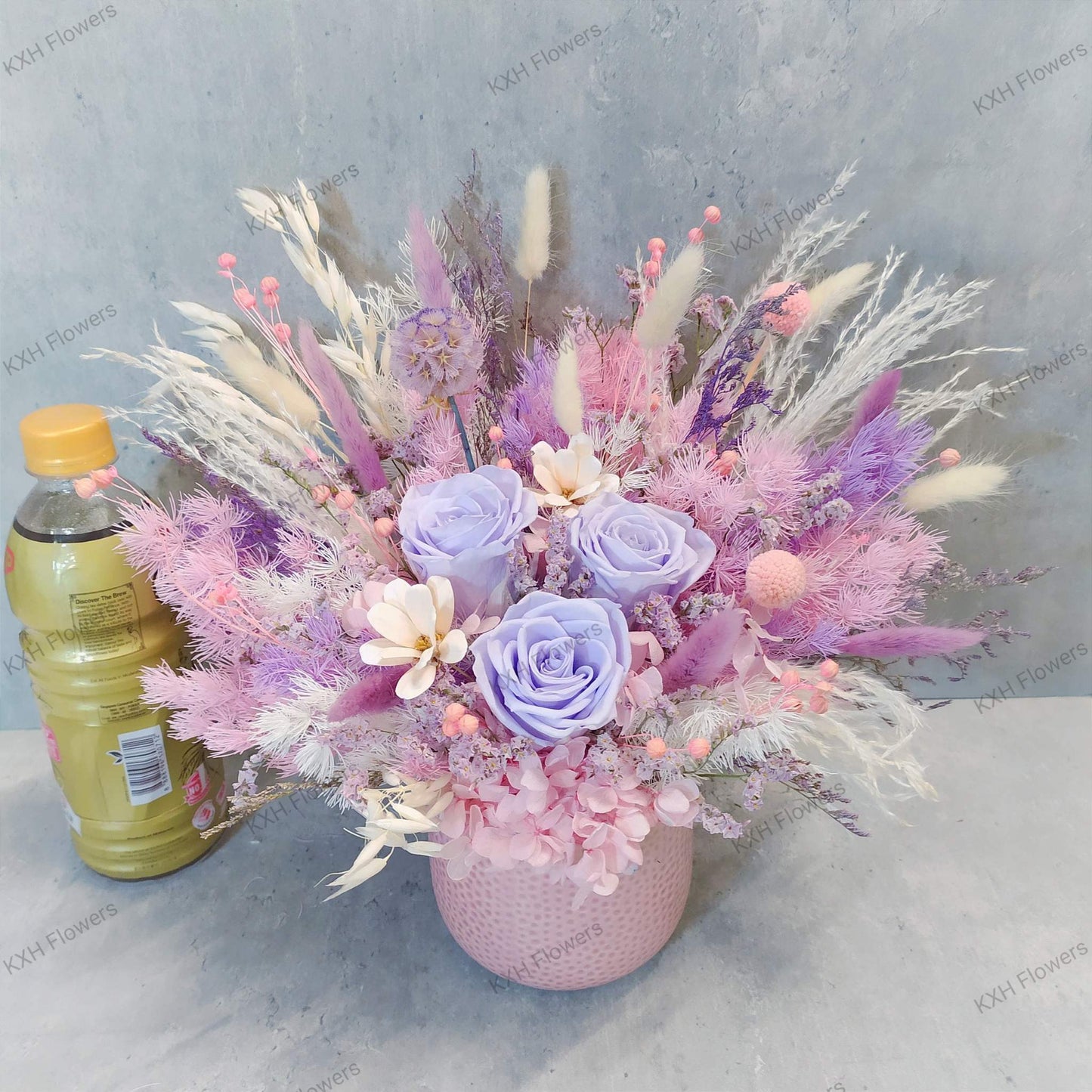 purple and pink preserved flower arrangement sg delivery