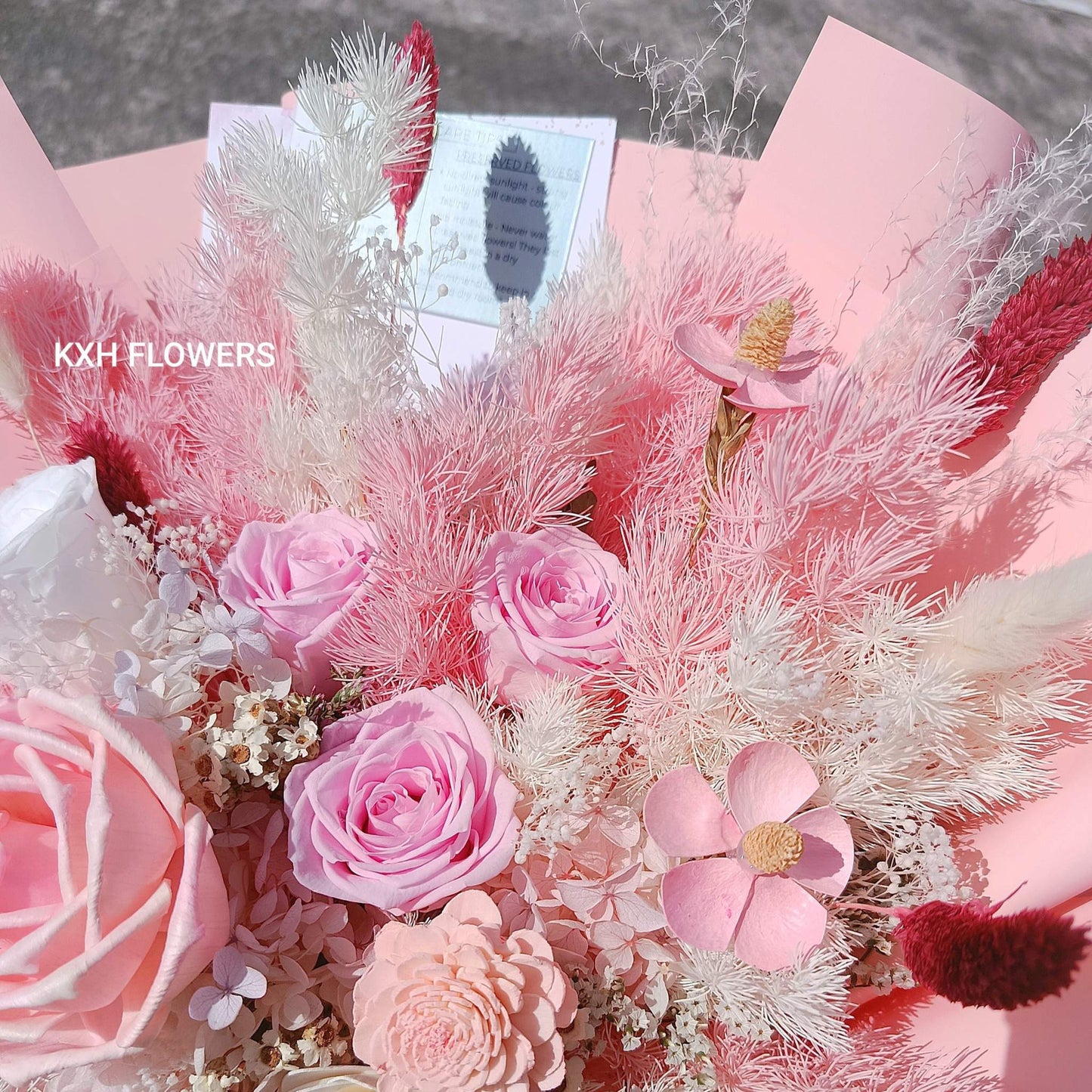 pink preserved flower bouquet sg florist