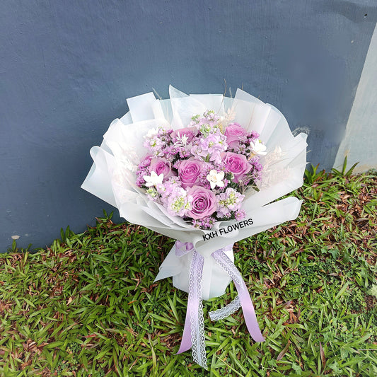 purple flowers mixed florals round bouquet singapore florist online delivery
