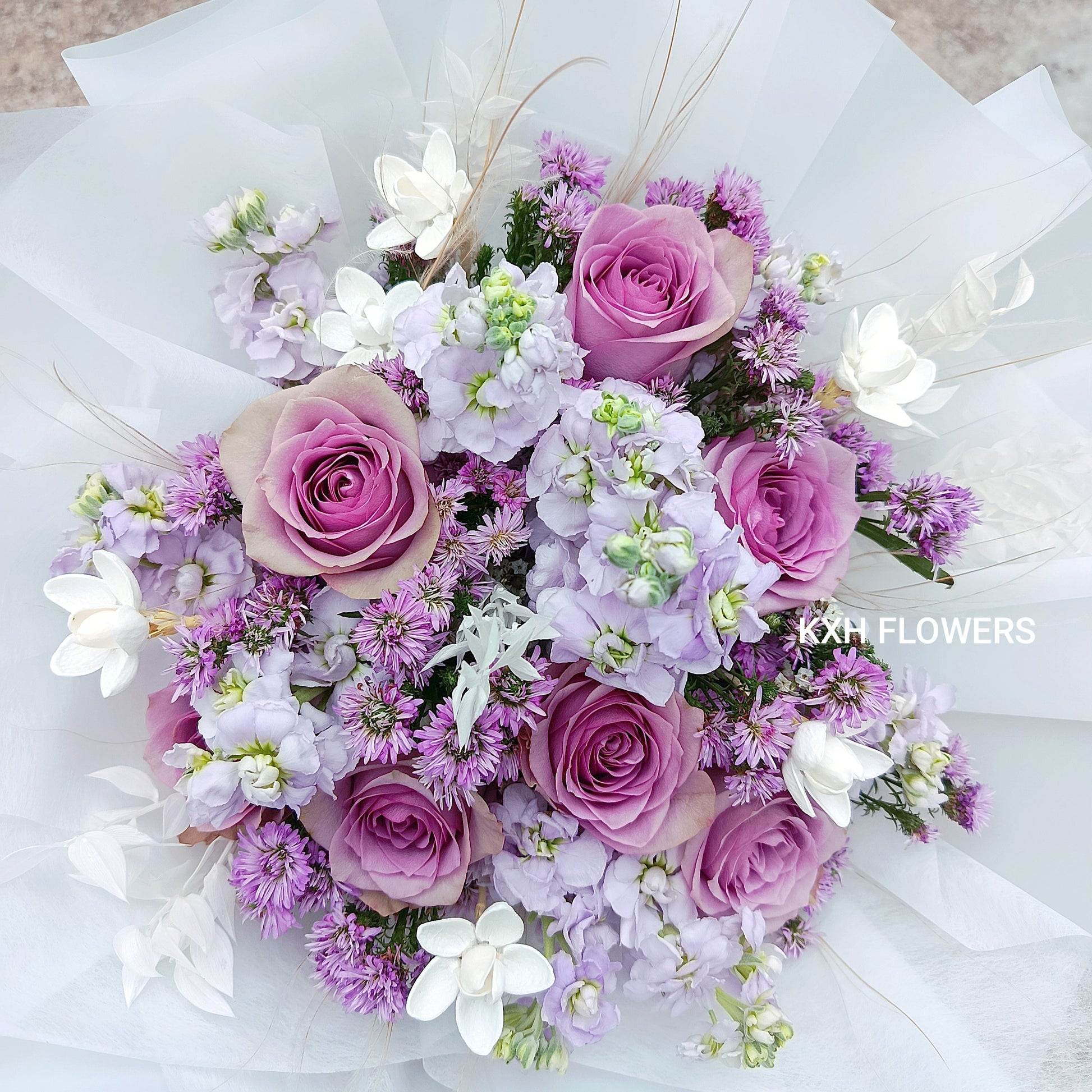 purple roses matthiola mini daisies white flower stipa grass sg florist online delivery
