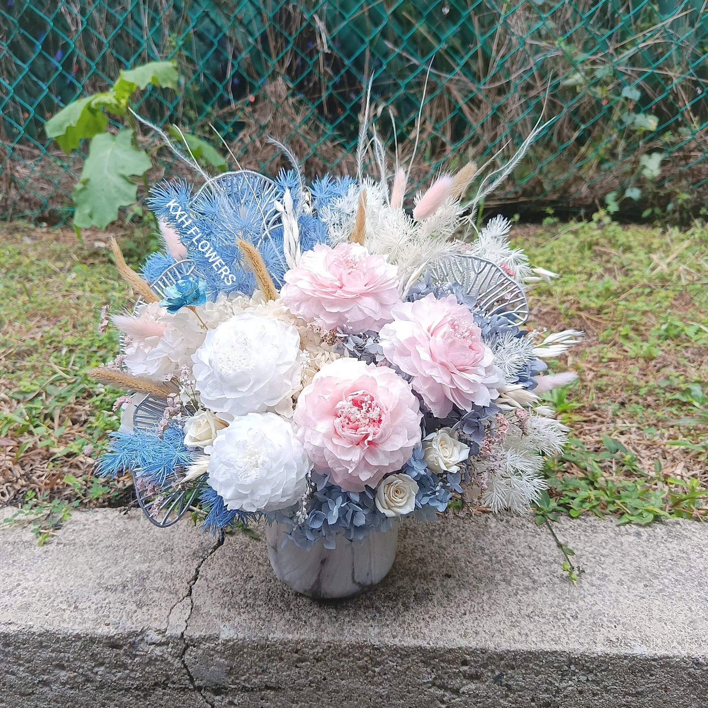 dusty blue light pink and white preserved flower arrangement singapore online florist delivery