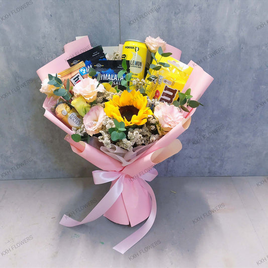 Pink Sunflower Snack Bouquet free delivery singapore florist