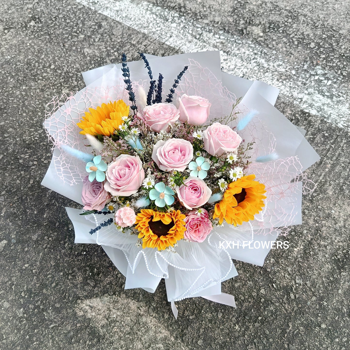 sunflower bouquet with pink roses and mini daisies singapore delivery sg florist