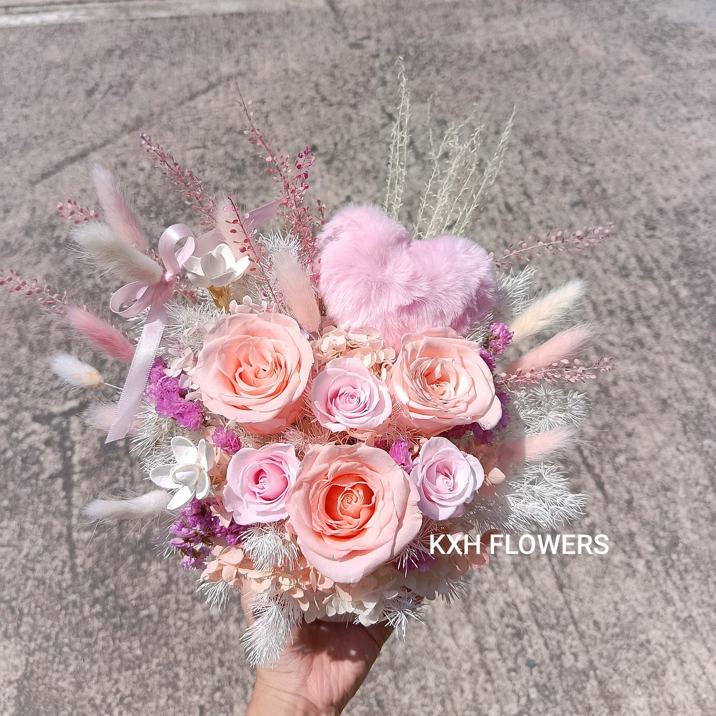 pink and peach roses preserved flower arrangement sg florist delivery