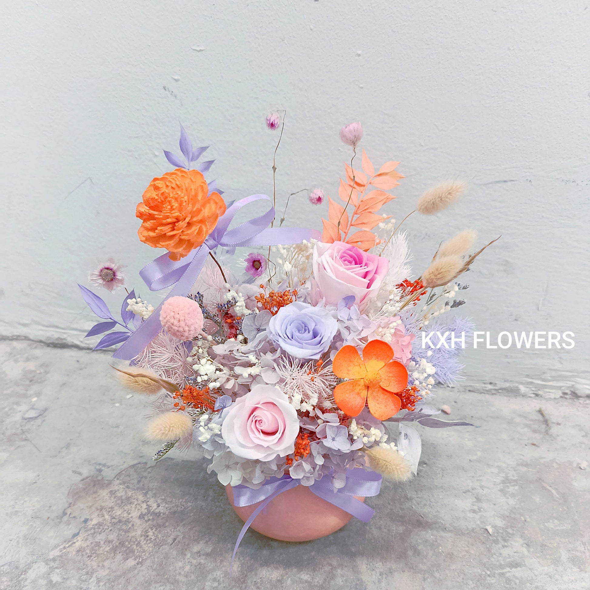 preserved roses and dried flowers arrangement in unique colours singapore florist sg delivery