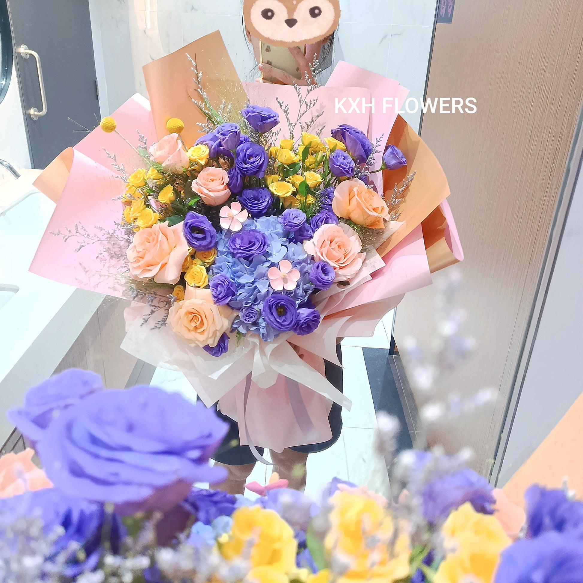 purple yellow peach and pink mix flower bouquet singapore florist sg flower delivery