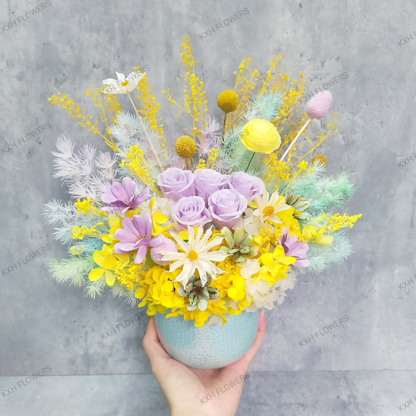 yellow preserved flower arrangement sg florist with free delivery