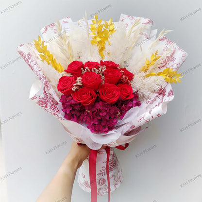 10 red preserved roses gold leaves ming fern burgundy hydrangeas floral print wrapper