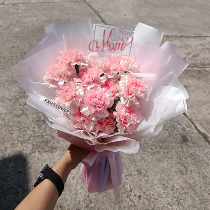12 pink carnations with thank you mom tag singapore flower delivery