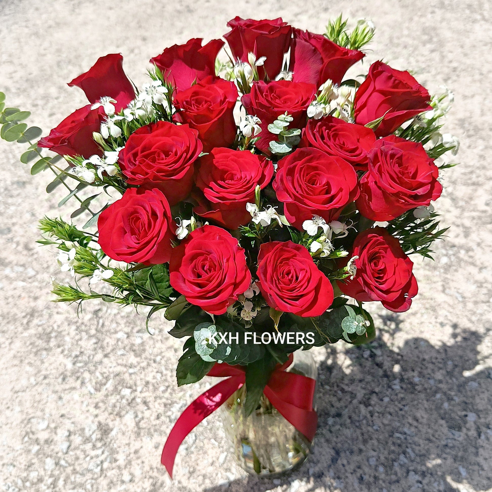17 red roses with sweet william fillers vase arrangement singapore flower delivery