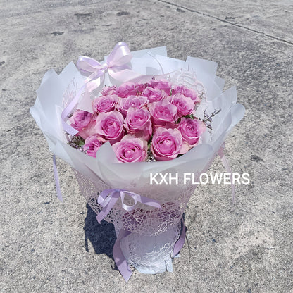 purple roses round bouquet with pink mesh layers sg florist free delivery