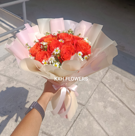 10 Orange Roses & Mini Daisies