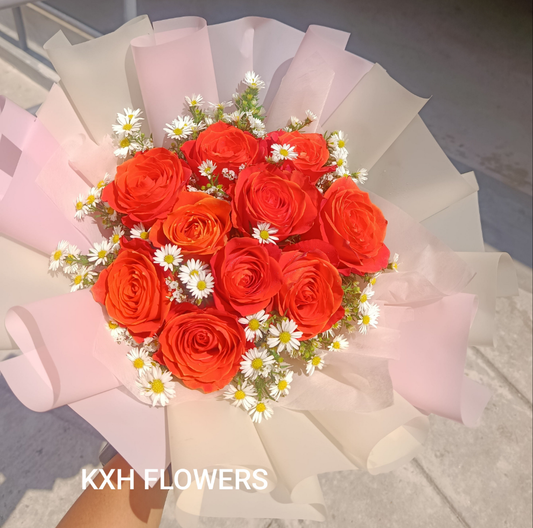 10 Orange Roses & Mini Daisies