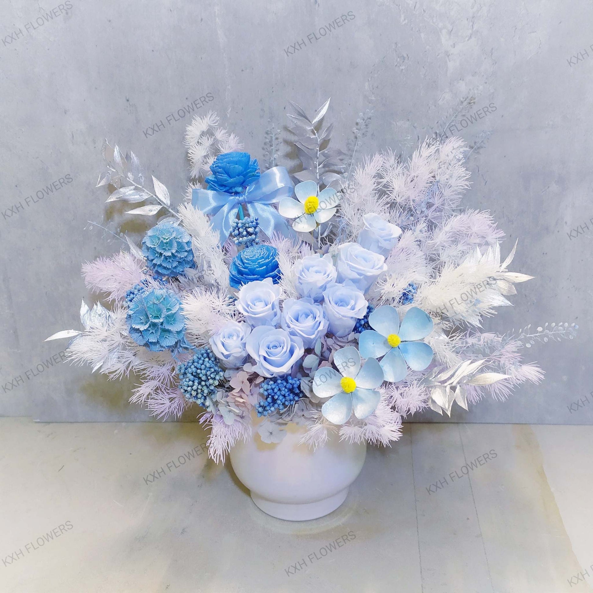 blue preserved floral arrangement singapore florist delivery service