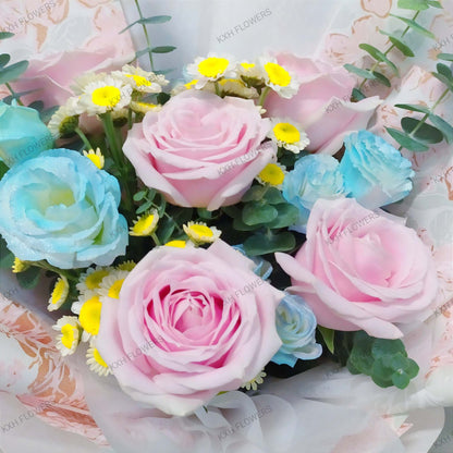 pink roses and blue flowers singapore delivery